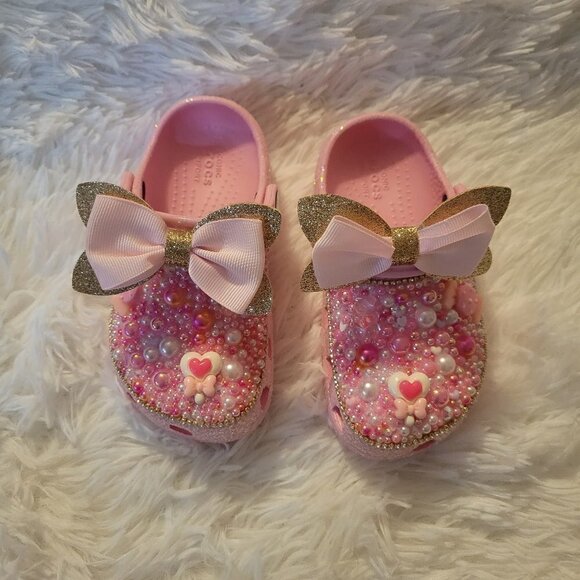 Custom Toddler Pink Tweed Glitter Crocs Pink & White Size C9 - Picture 2 of 9